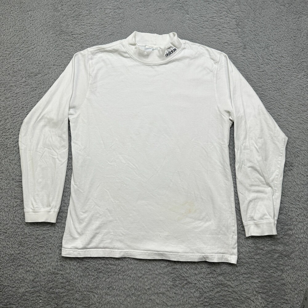 Vintage Adidas Mock Neck Shirt Mens Large White Long Sleeve Logo Made in USA 90s